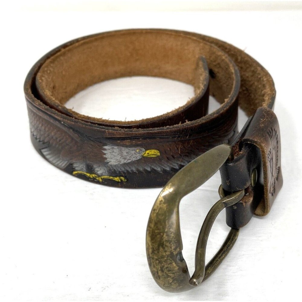 VTG Leegin Tooled Painted Eagle Leather Belt Size 32 Brown Brass Buckle Western